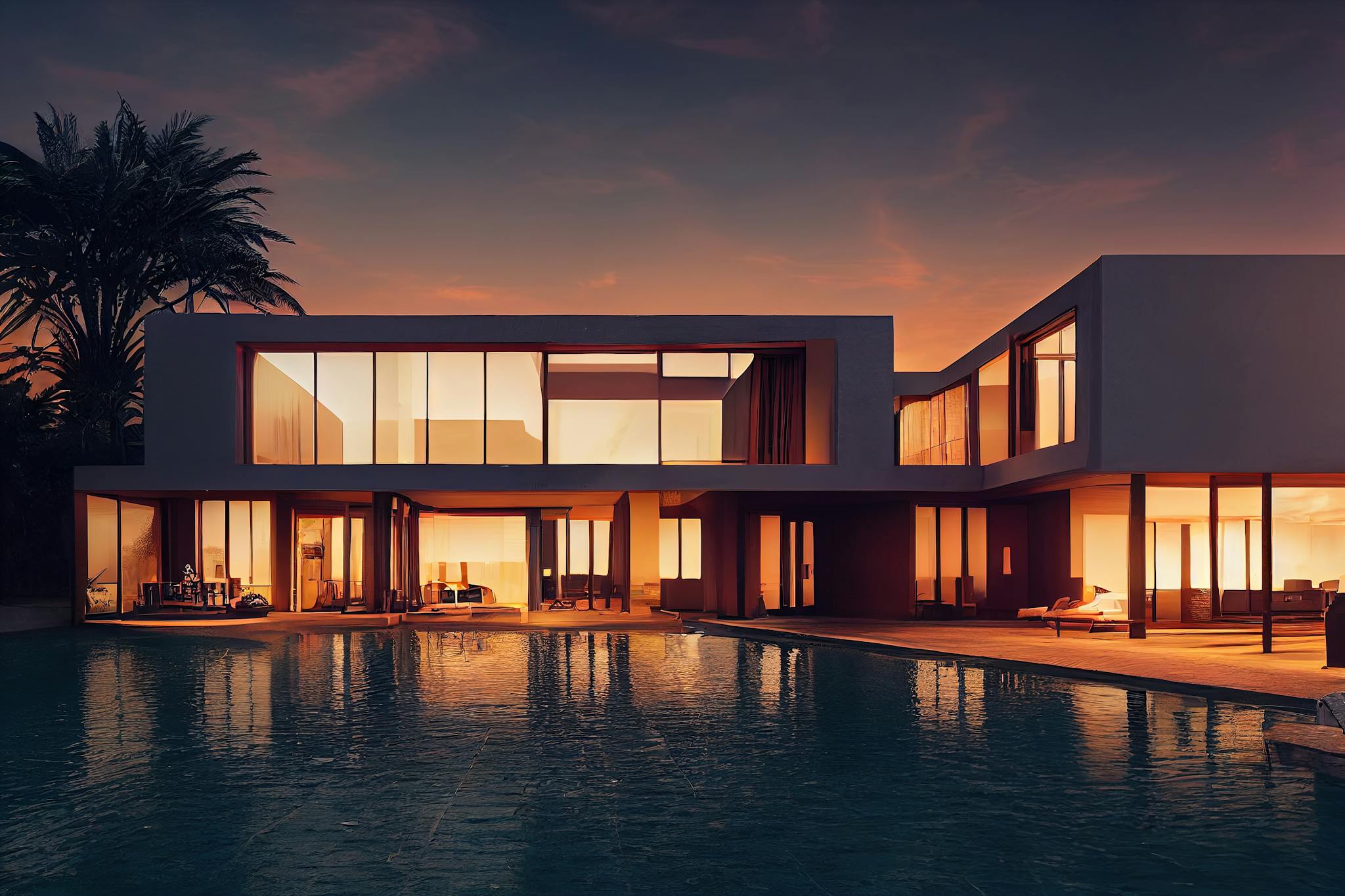 Stunning modern villa with glass walls and a pool, illuminated at sunset.